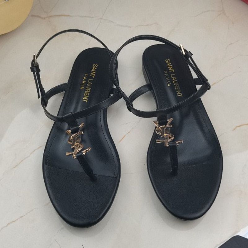 Saint Laurent Cassandra Flat Sandals With T-Strap Women Smooth Leather Black Gold