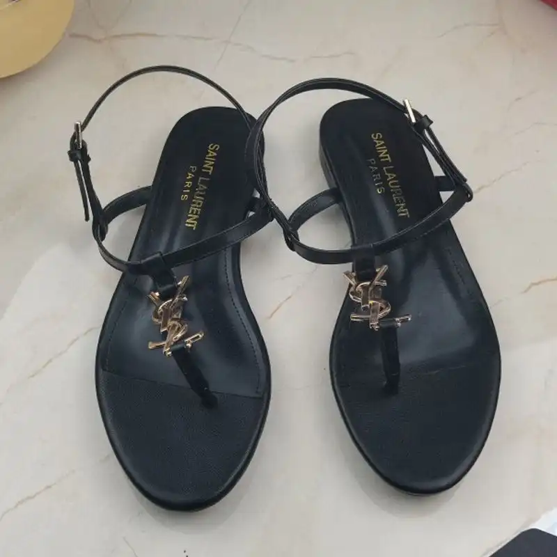 CHEAP Saint Laurent Cassandra Flat Sandals With T-Strap Women Smooth Leather Black Gold