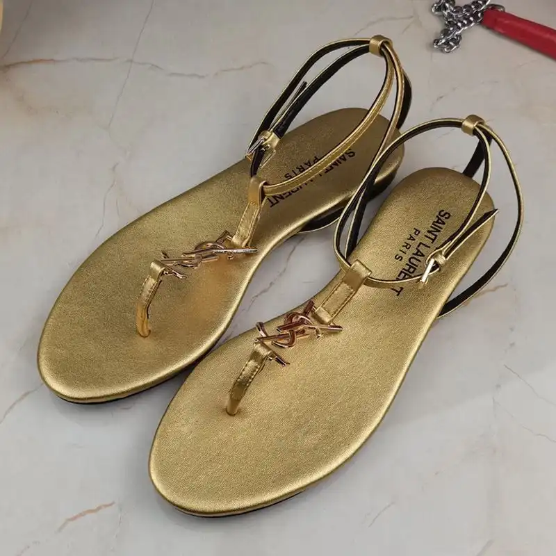 Saint Laurent Cassandra Flat Sandals With T-Strap Women Smooth Leather Gold