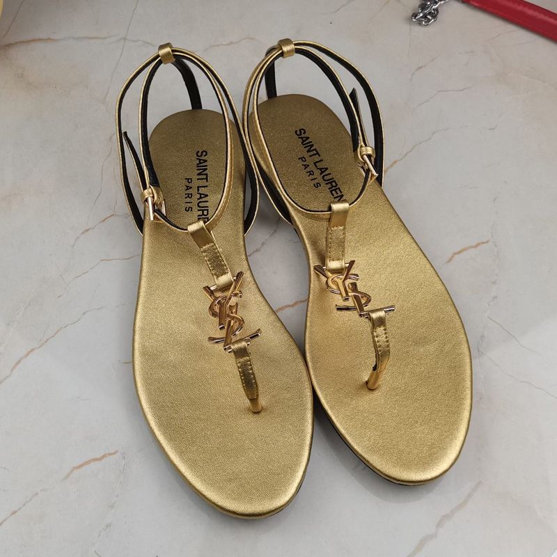 Saint Laurent Cassandra Flat Sandals With T-Strap Women Smooth Leather Gold