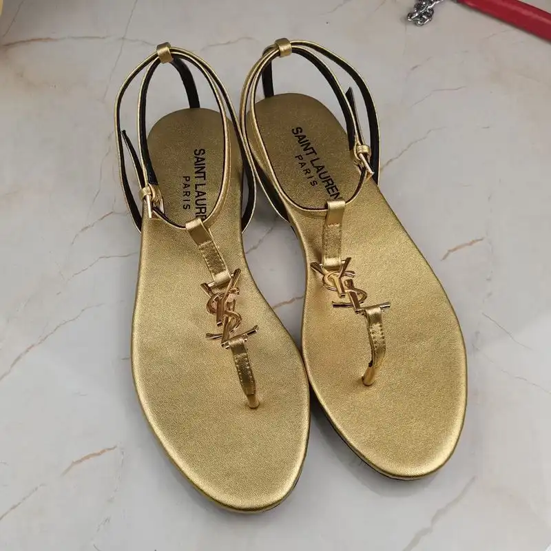 CHEAP Saint Laurent Cassandra Flat Sandals With T-Strap Women Smooth Leather Gold