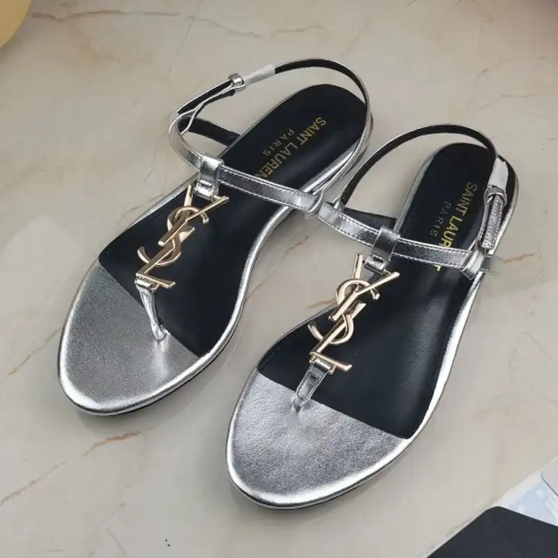 Saint Laurent Cassandra Flat Sandals With T-Strap Women Smooth Leather Silver Gold