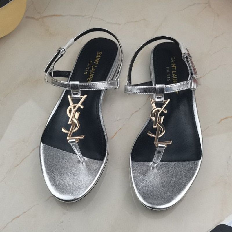 Saint Laurent Cassandra Flat Sandals With T-Strap Women Smooth Leather Silver Gold