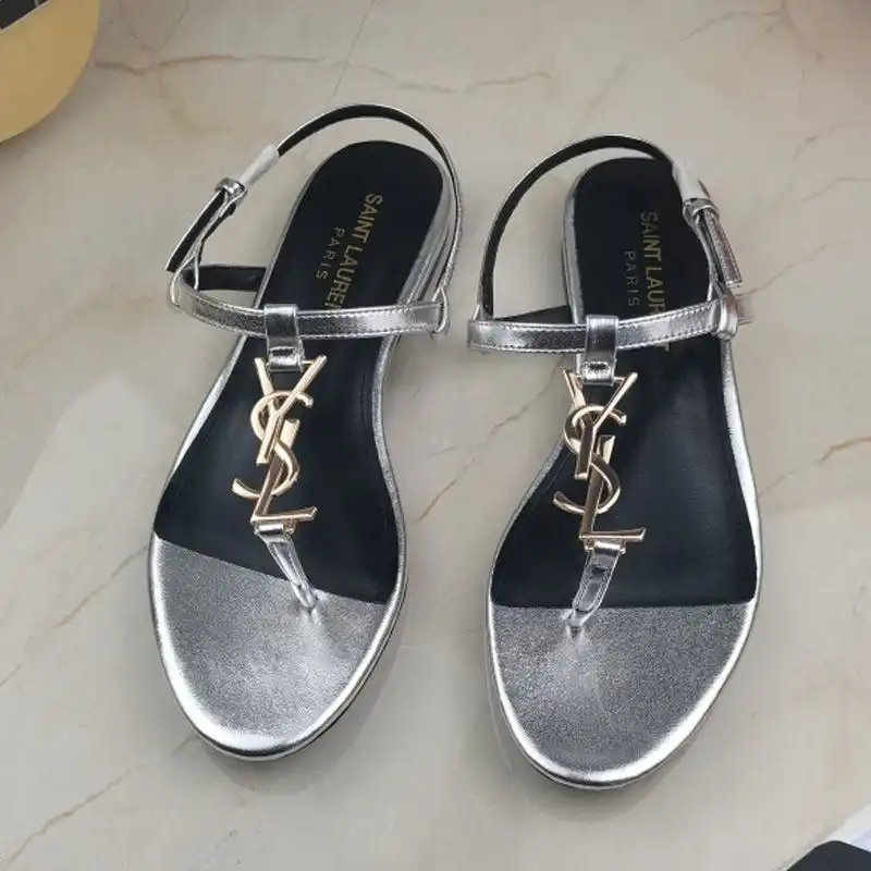 CHEAP Saint Laurent Cassandra Flat Sandals With T-Strap Women Smooth Leather Silver Gold