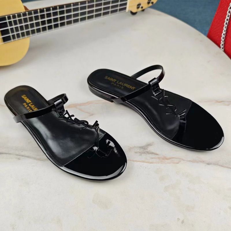 Saint Laurent Cassandra Flat Slides with T-Strap Women Patent Leather Black