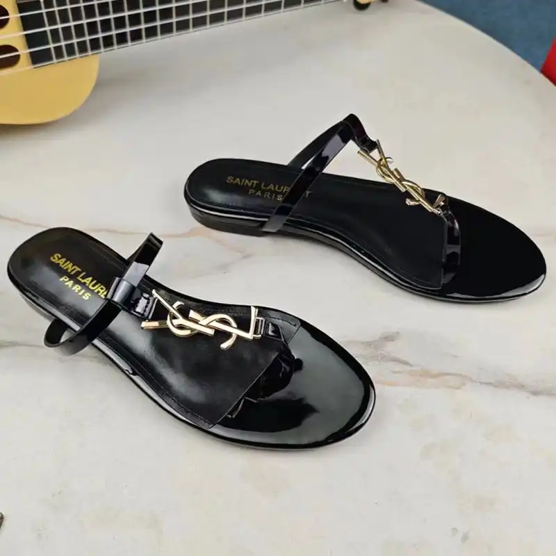 Saint Laurent Cassandra Flat Slides with T-Strap Women Patent Leather Black Gold