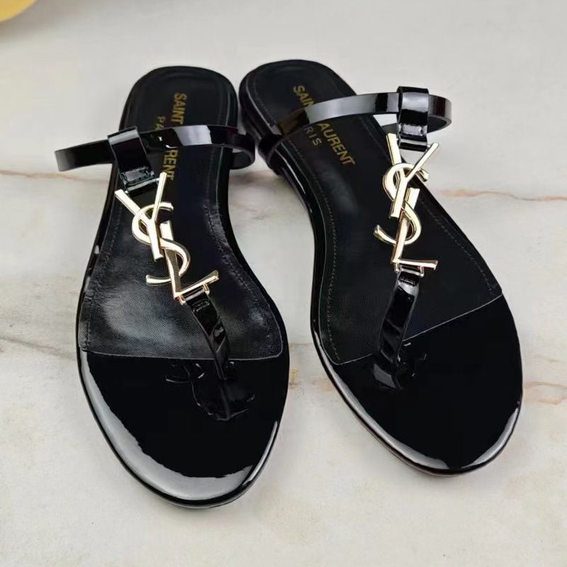 Saint Laurent Cassandra Flat Slides with T-Strap Women Patent Leather Black Gold