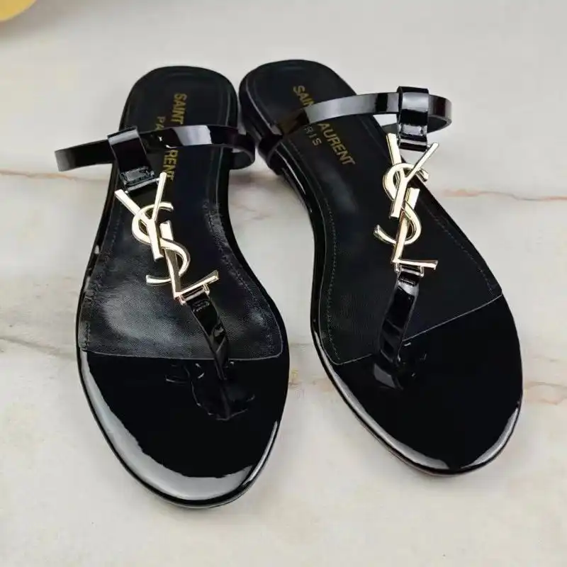 Cheap Saint Laurent Cassandra Flat Slides with T-Strap Women Patent Leather Black Gold