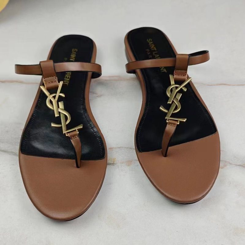 Saint Laurent Cassandra Flat Slides with T-Strap Women Smooth Leather Brown Gold