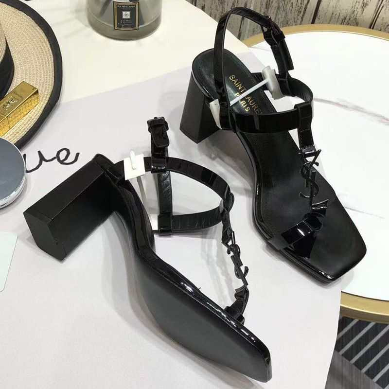 Saint Laurent Cassandra Heeled Sandals with Toehold Loop Women Patent Leather Black