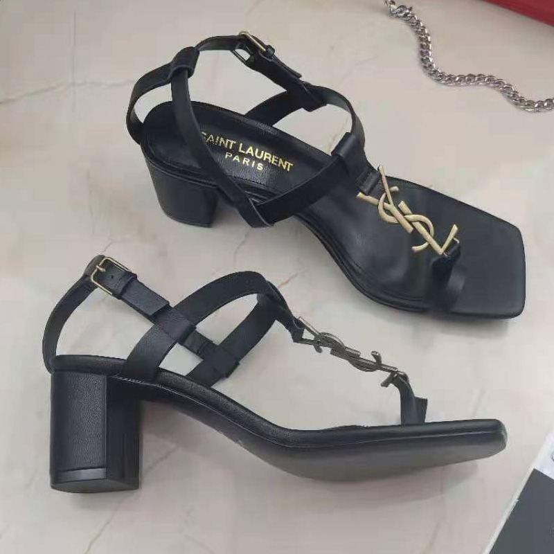 Saint Laurent Cassandra Heeled Sandals with Toehold Loop Women Smooth Leather Black Gold