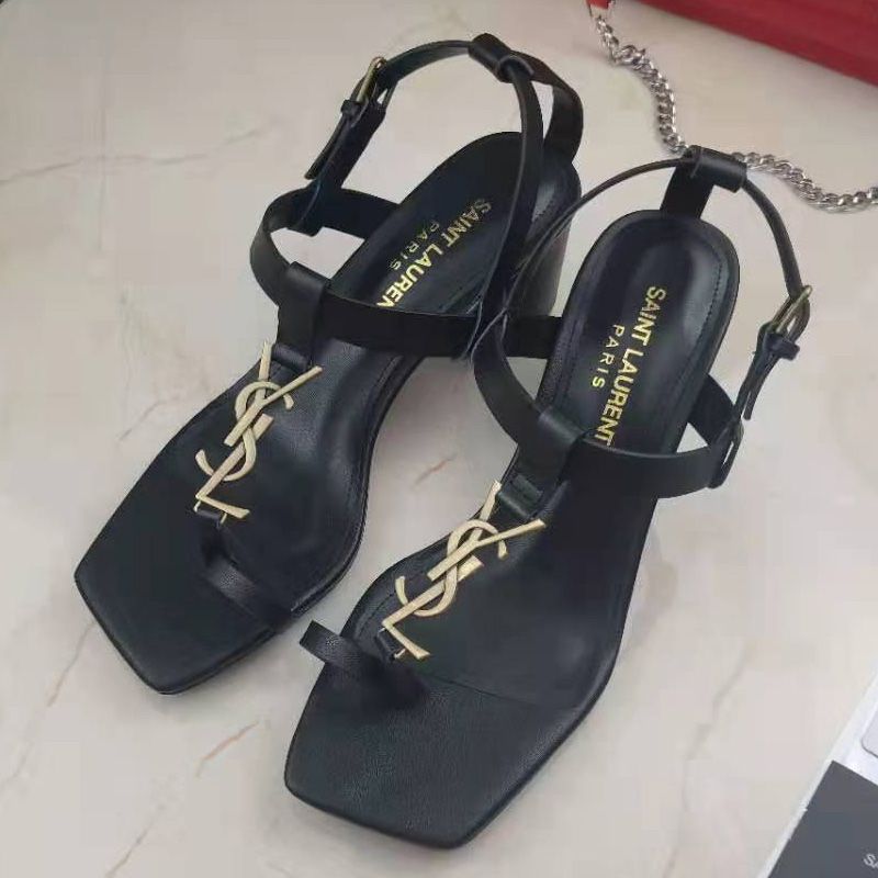 Saint Laurent Cassandra Heeled Sandals with Toehold Loop Women Smooth Leather Black Gold