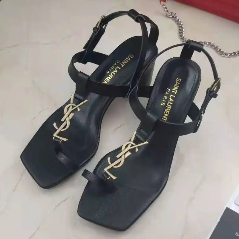 CHEAP Saint Laurent Cassandra Heeled Sandals with Toehold Loop Women Smooth Leather Black Gold