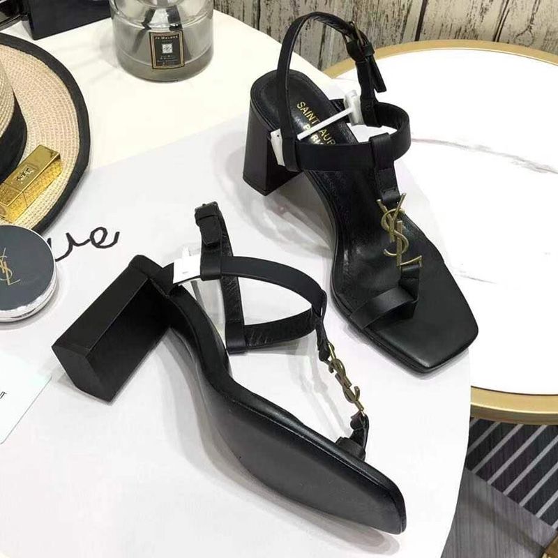 Saint Laurent Cassandra Heeled Sandals with Toehold Loop Women Smooth Leather Black Gold