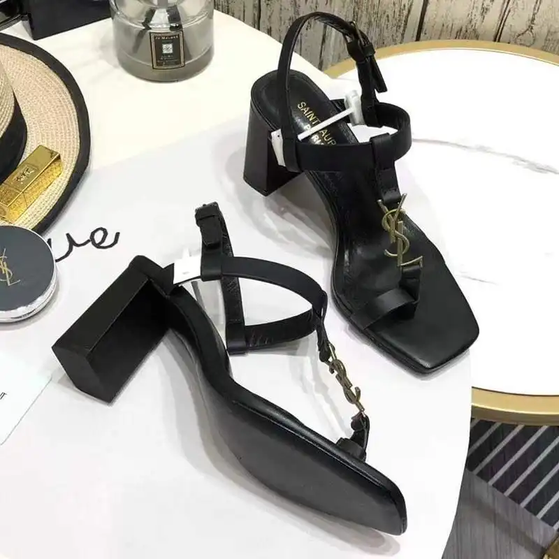 CHEAP Saint Laurent Cassandra Heeled Sandals with Toehold Loop Women Smooth Leather Black Gold