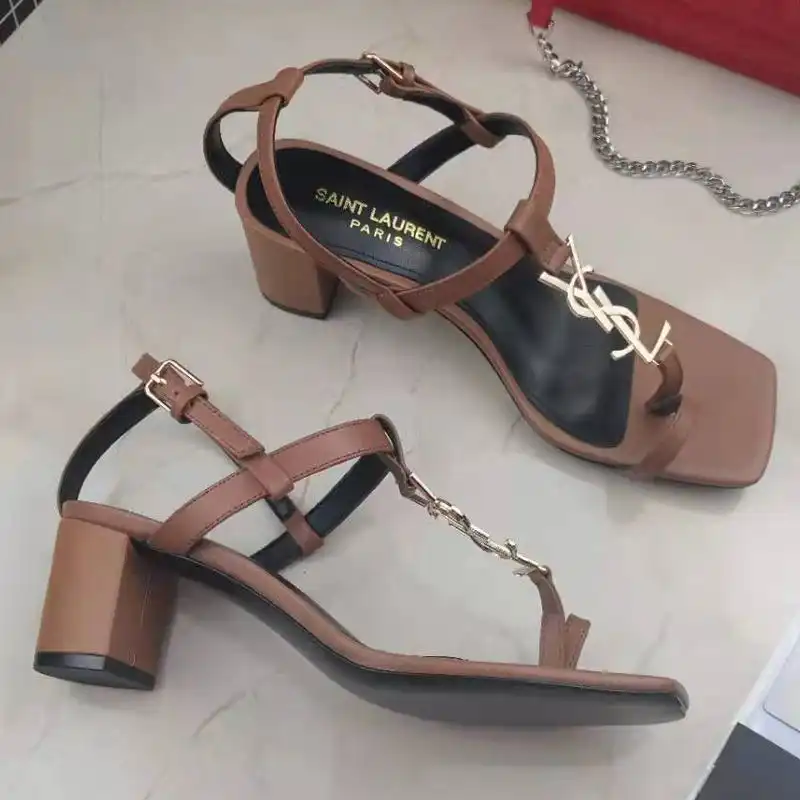 Saint Laurent Cassandra Heeled Sandals with Toehold Loop Women Smooth Leather Brown Gold