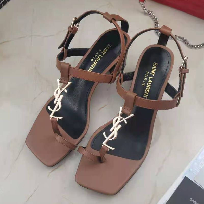 Saint Laurent Cassandra Heeled Sandals with Toehold Loop Women Smooth Leather Brown Gold