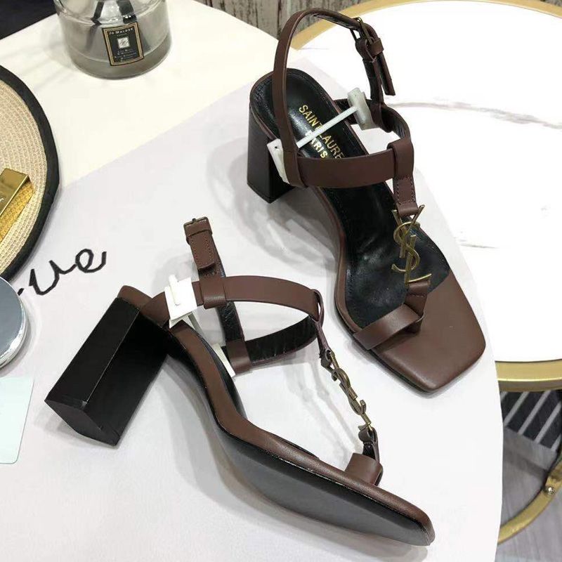 Saint Laurent Cassandra Heeled Sandals with Toehold Loop Women Smooth Leather Brown Gold