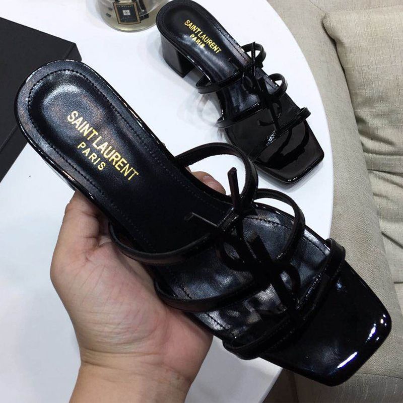 Saint Laurent Cassandra Heeled Slides Women Patent Leather Black