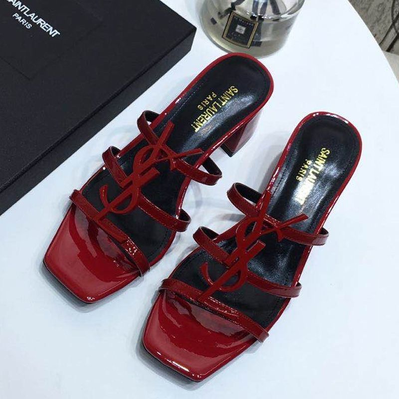 Saint Laurent Cassandra Heeled Slides Women Patent Leather Red