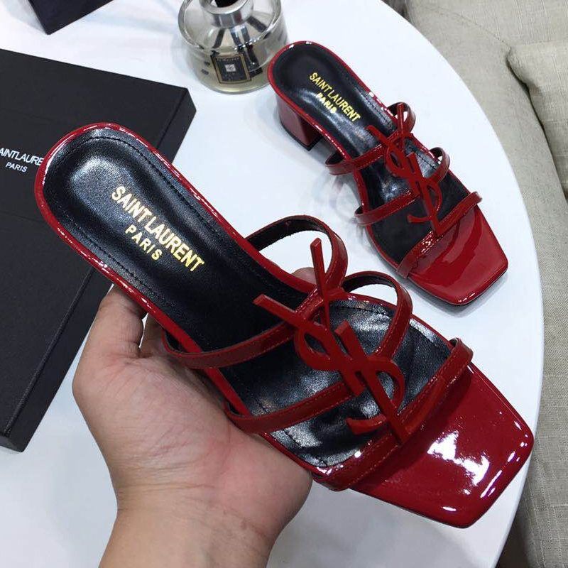 Saint Laurent Cassandra Heeled Slides Women Patent Leather Red