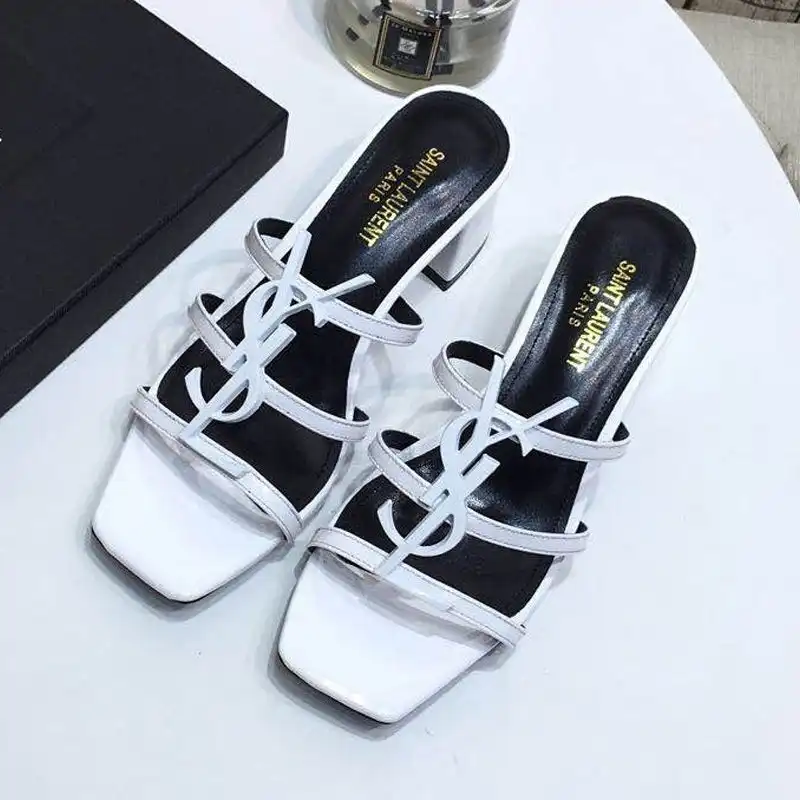 Saint Laurent Cassandra Heeled Slides Women Patent Leather White