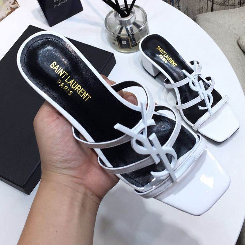 Saint Laurent Cassandra Heeled Slides Women Patent Leather White