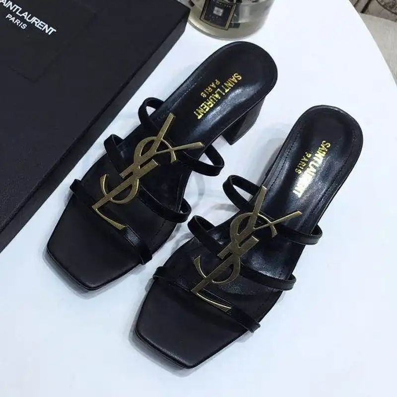 Saint Laurent Cassandra Heeled Slides Women Smooth Leather Black Gold