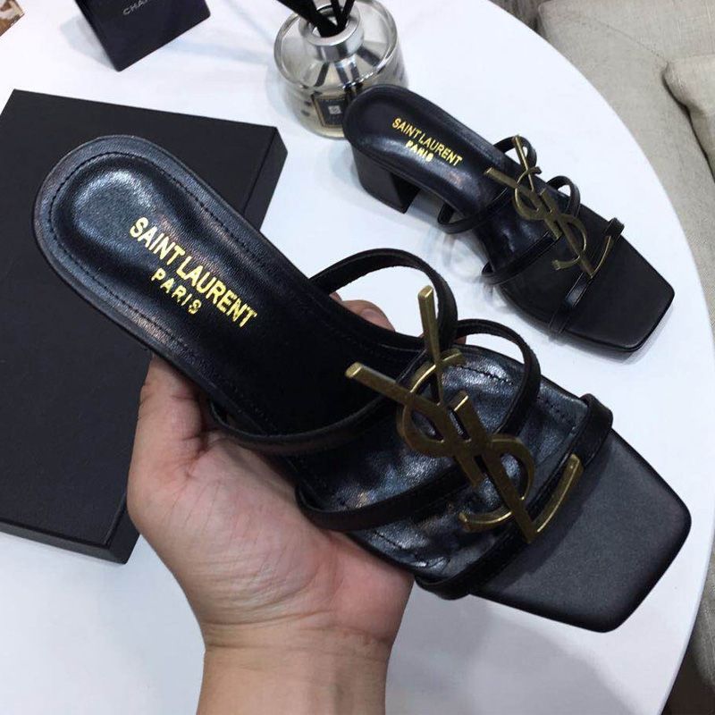 Saint Laurent Cassandra Heeled Slides Women Smooth Leather Black Gold