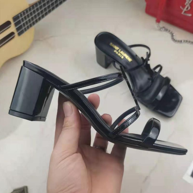 Saint Laurent Cassandra Heeled Slides with Three-Straps Women Patent Leather Black