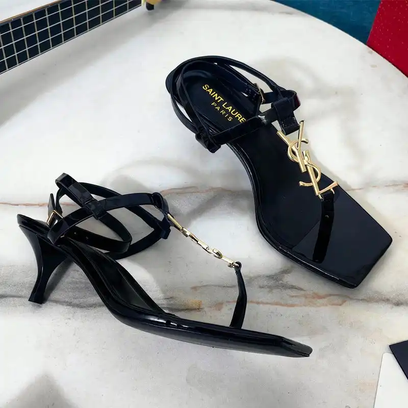 Saint Laurent Cassandra Kitten Sandals with T-Strap Women Patent Leather Black Gold