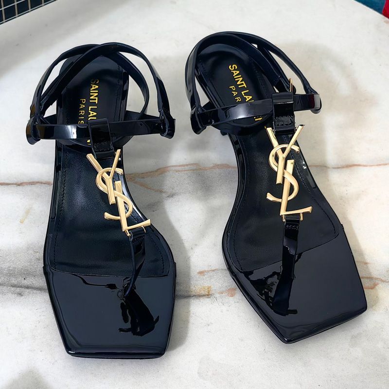 Saint Laurent Cassandra Kitten Sandals with T-Strap Women Patent Leather Black Gold