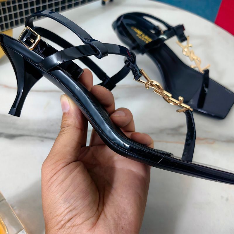 Saint Laurent Cassandra Kitten Sandals with T-Strap Women Patent Leather Black Gold