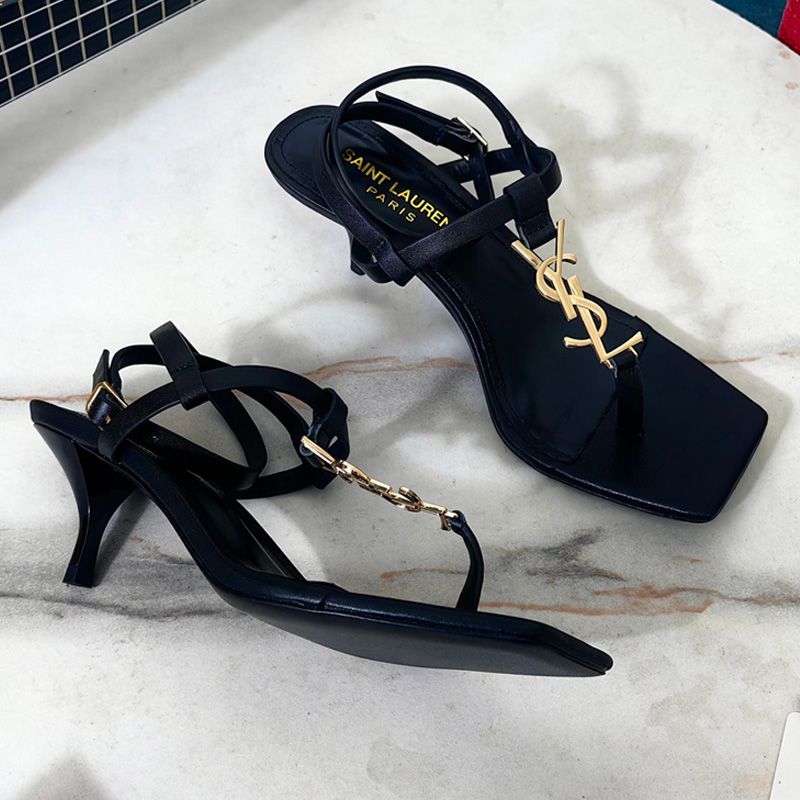 Saint Laurent Cassandra Kitten Sandals with T-Strap Women Smooth Leather Black Gold