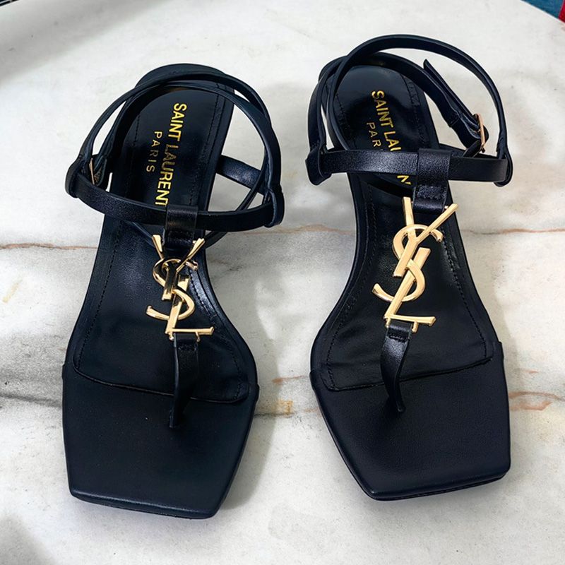 Saint Laurent Cassandra Kitten Sandals with T-Strap Women Smooth Leather Black Gold