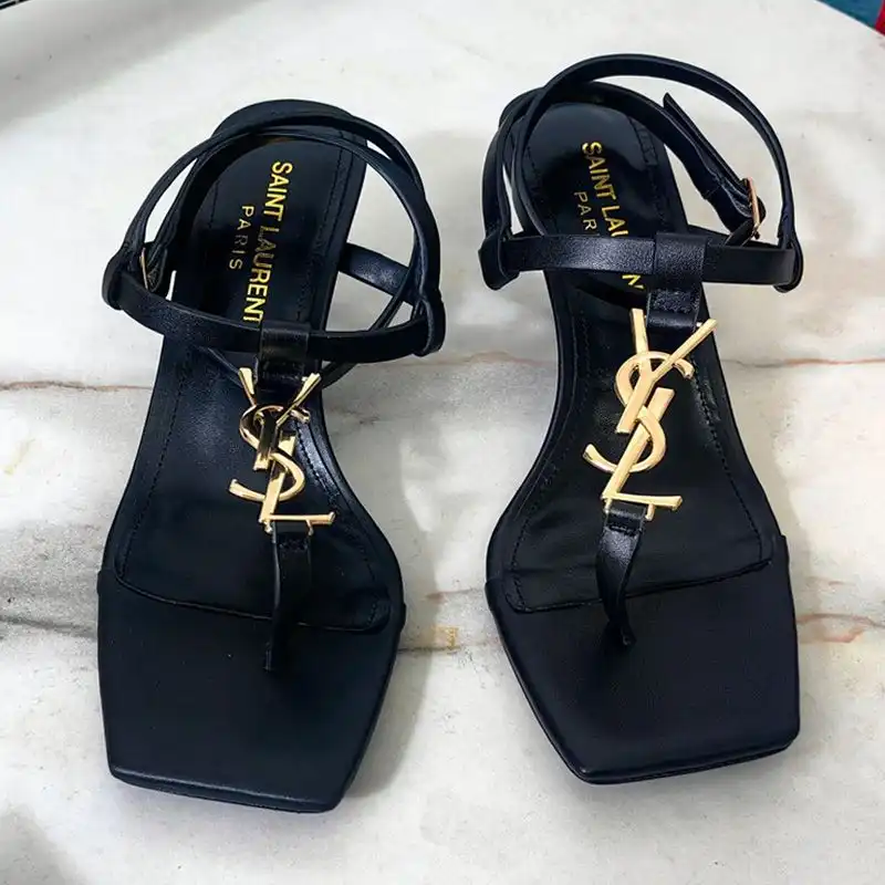 CHEAP Saint Laurent Cassandra Kitten Sandals with T-Strap Women Smooth Leather Black Gold