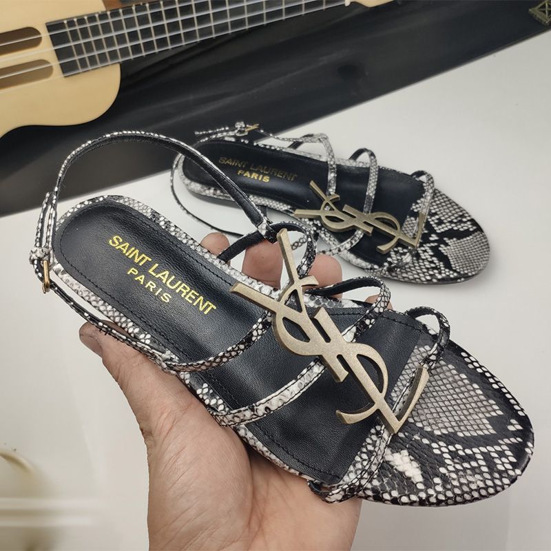 Saint Laurent Cassandra Open Sandals Women Python Leather Black Gold