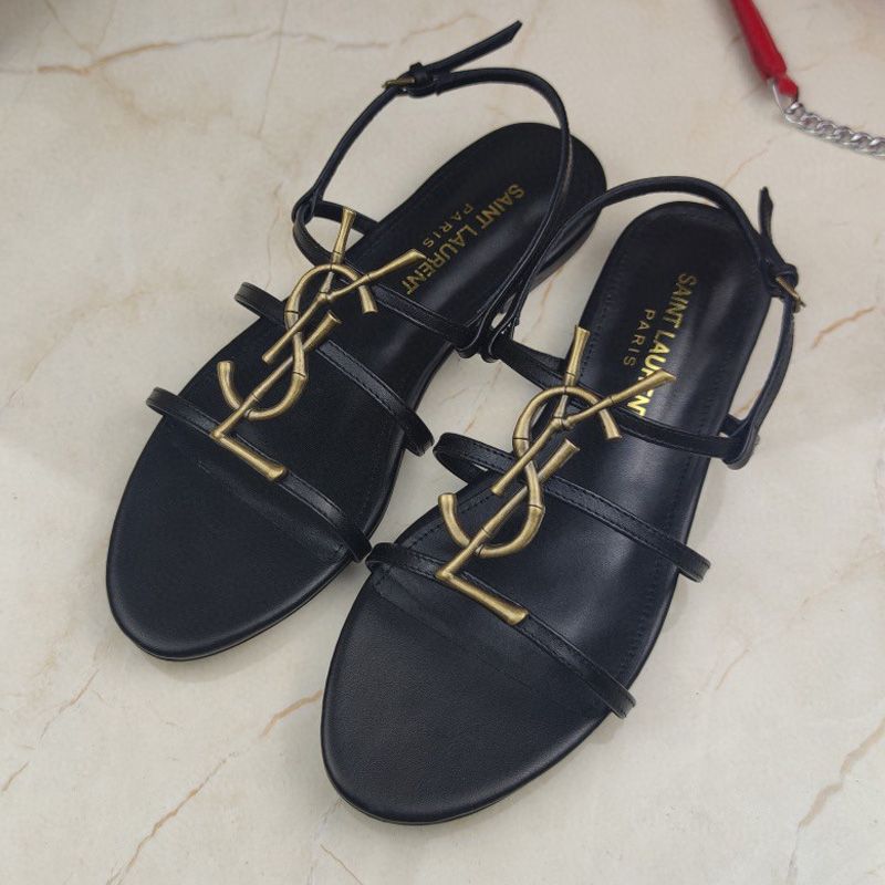 Saint Laurent Cassandra Open Sandals Women Smooth Leather With Bamboo Logo Black Gold