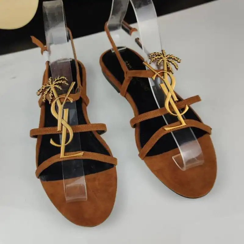 Saint Laurent Cassandra Open Sandals Women Suede with Palm Tree Logo Brown Gold