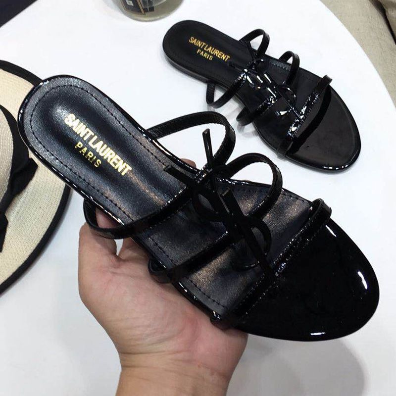 Saint Laurent Cassandra Slides Women Patent Leather Black