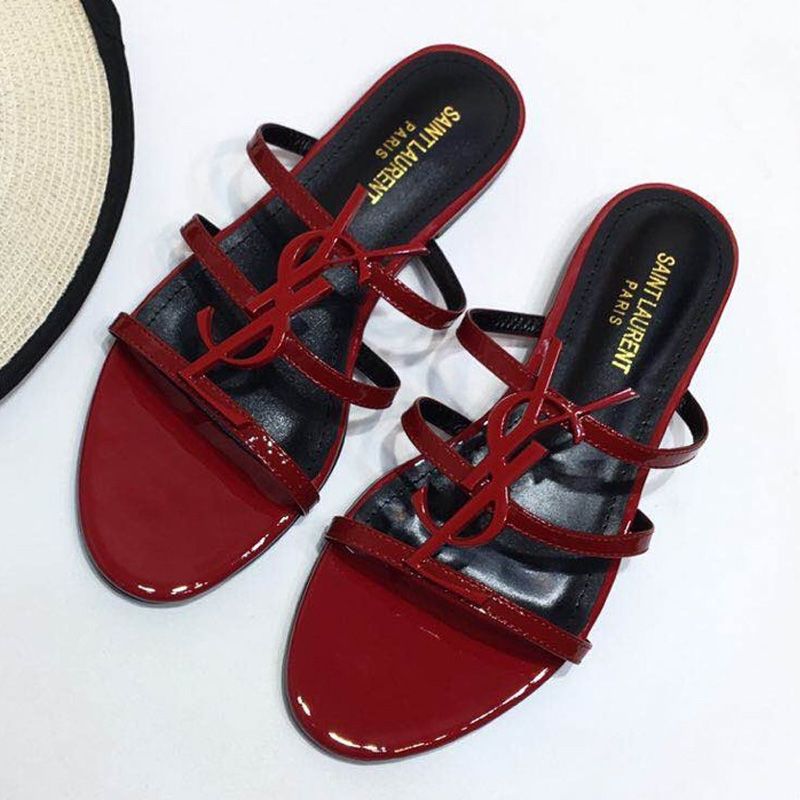 Saint Laurent Cassandra Slides Women Patent Leather Red