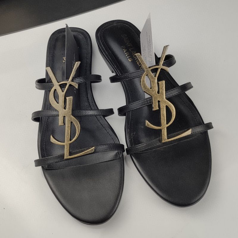 Saint Laurent Cassandra Slides Women Smooth Leather Black Gold