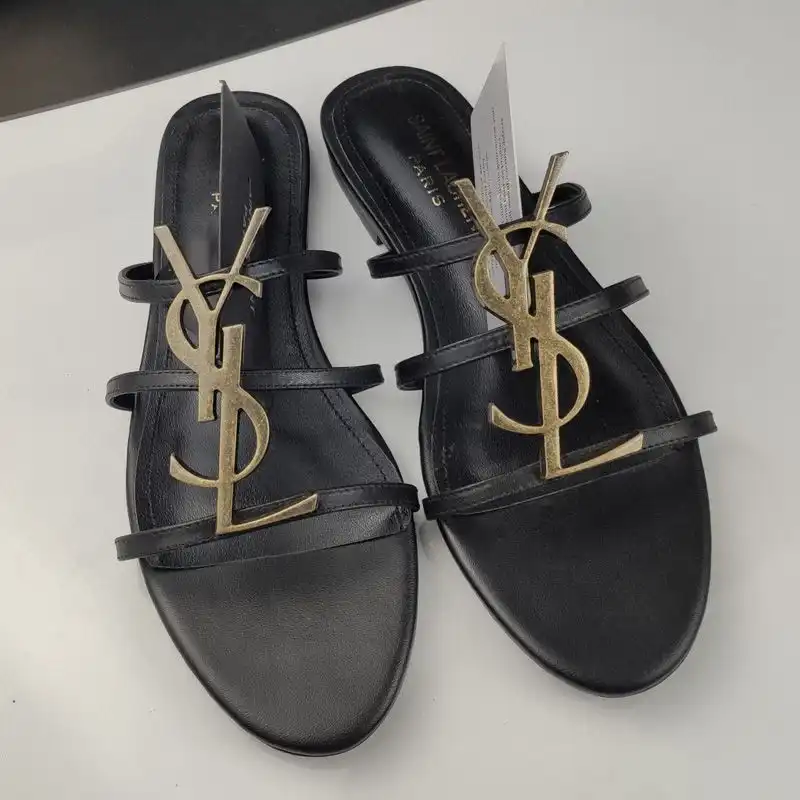 Saint Laurent Cassandra Slides Women Smooth Leather Black Gold