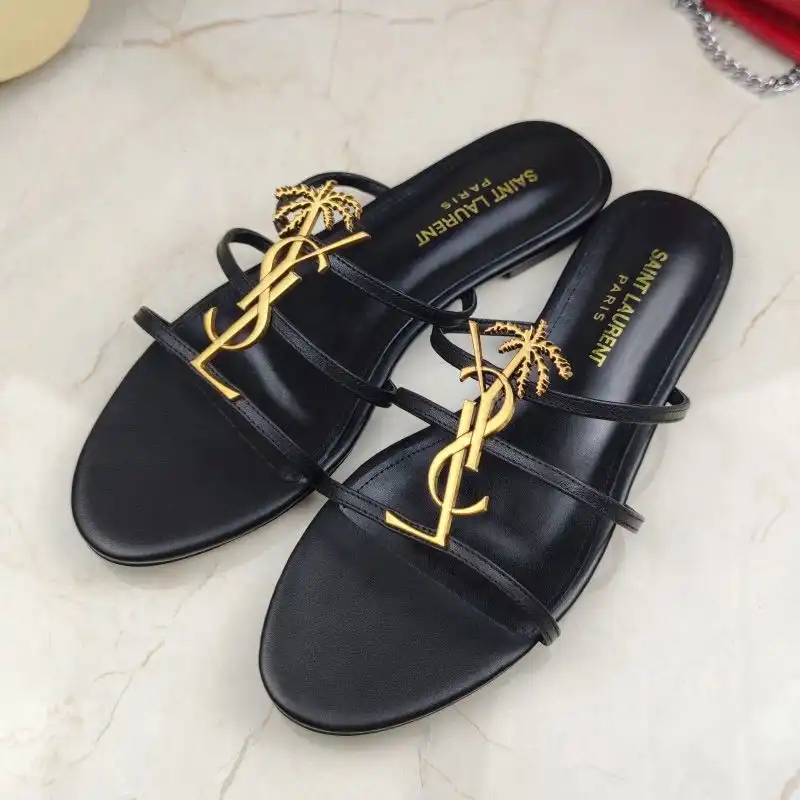 Saint Laurent Cassandra Slides Women Smooth Leather with Palm Tree Logo Black Gold