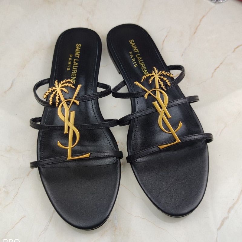 Saint Laurent Cassandra Slides Women Smooth Leather with Palm Tree Logo Black Gold