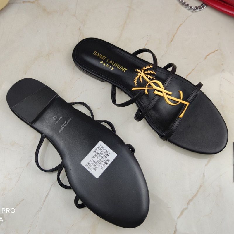 Saint Laurent Cassandra Slides Women Smooth Leather with Palm Tree Logo Black Gold