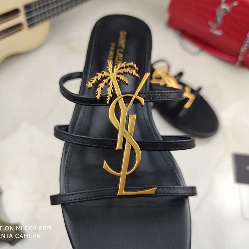 Saint Laurent Cassandra Slides Women Smooth Leather with Palm Tree Logo Black Gold