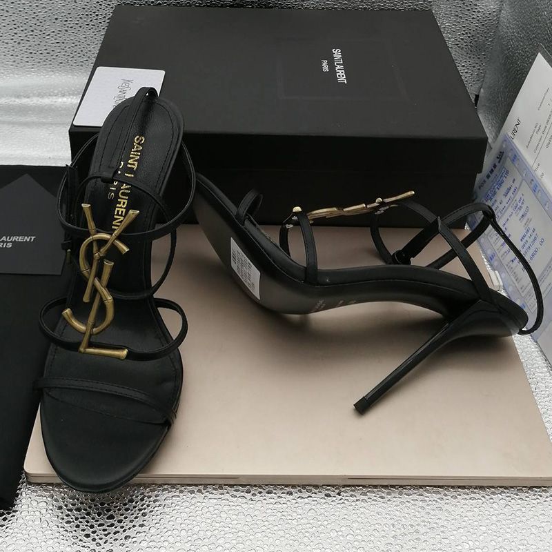 Saint Laurent Cassandra Stiletto Sandals Women Smooth Leather With Bamboo Logo Black Gold