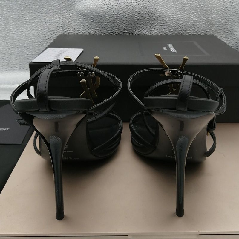 Saint Laurent Cassandra Stiletto Sandals Women Smooth Leather With Bamboo Logo Black Gold