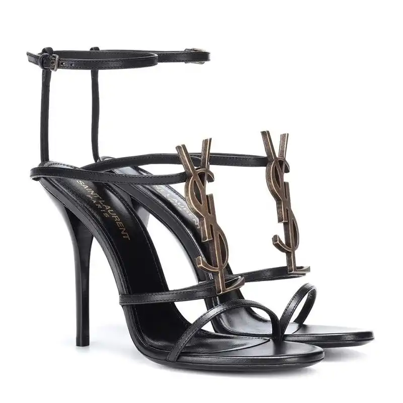 Saint Laurent Cassandra Stiletto Sandals Women Smooth Leather Black Gold